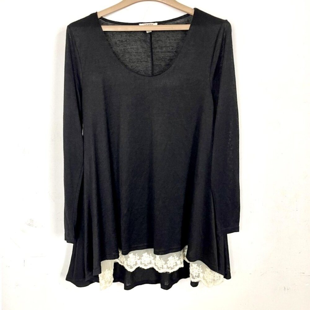 LADIES SIZE M UMGEE BLACK WHITE LACE HEM LONG SLEEVE TUNIC TOP SHIRT BLOUSE